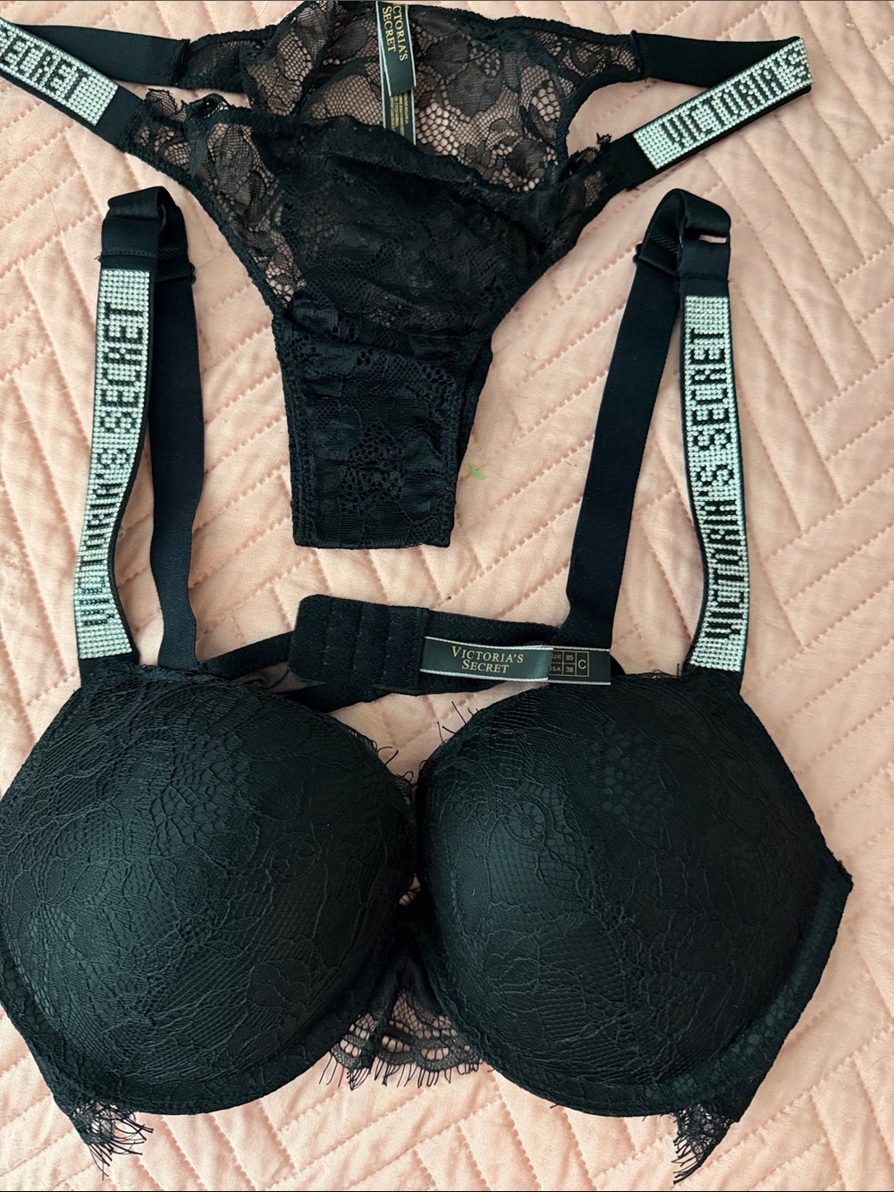 Victoria's Secret Black Lace Push-Up Bra & Thong Set